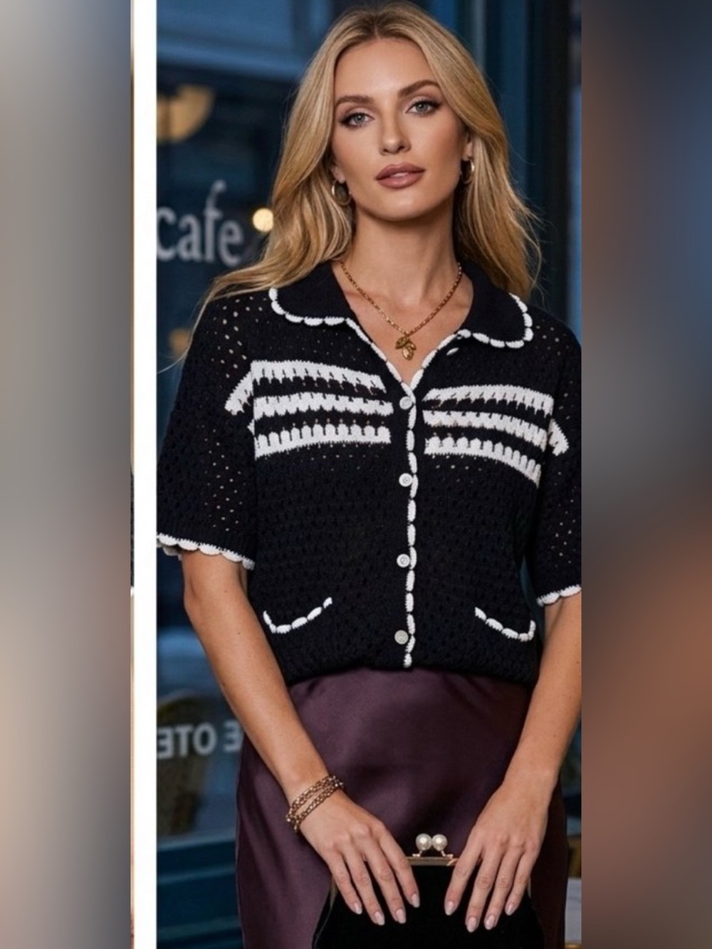 Black Short-Sleeve Knit Cardigan with White Trim